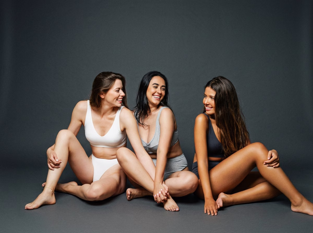 Trois femmes souriantes en sous-vêtements, assises au sol côte à côte sur fond gris anthracite