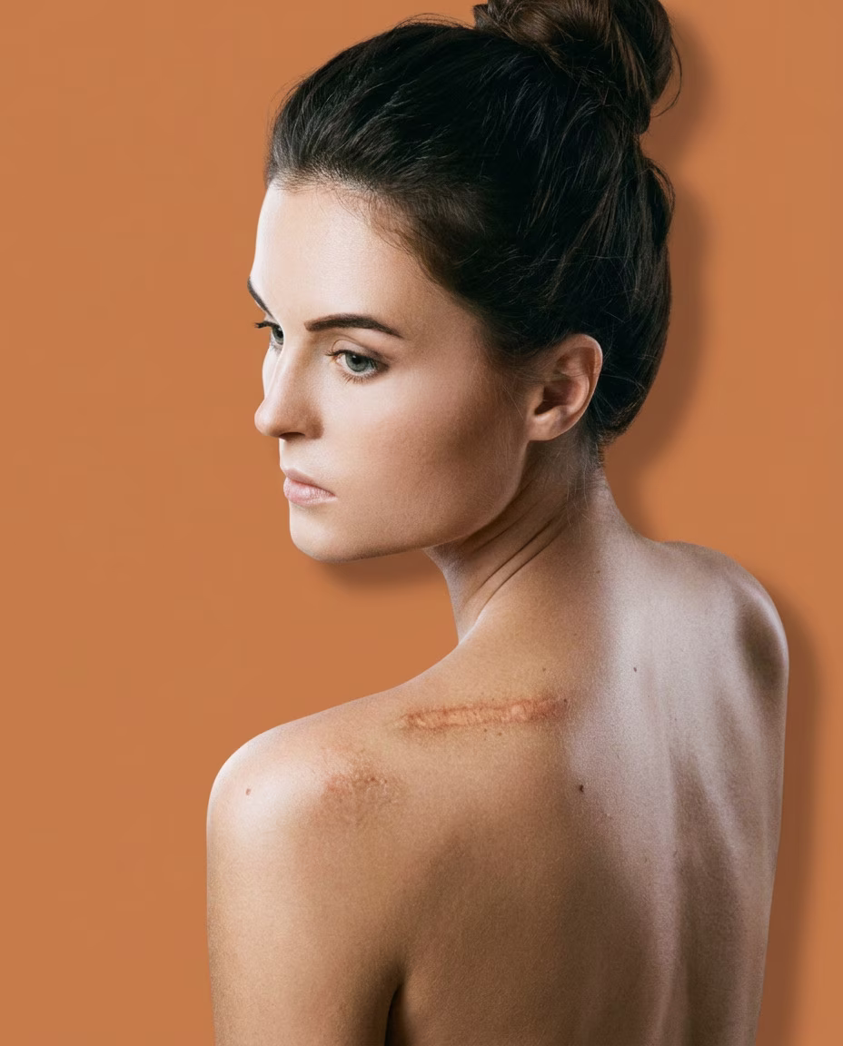 Femme de dos, regard par-dessus l'épaule, laissant voir une cicatrice sur le haut du dos, sur fond orangé