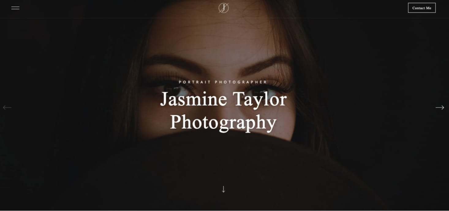 Capture d'écran d'un site de photographe : gros plan sur les yeux d'une femme dans la pénombre, avec le titre « Jasmine Taylor Photography »