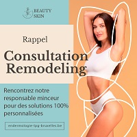 Visuel « Rappel, Consultation Remodeling » : femme mince en sous-vêtements blancs, avec une invitation à rencontrer une responsable minceur pour des solutions personnalisées