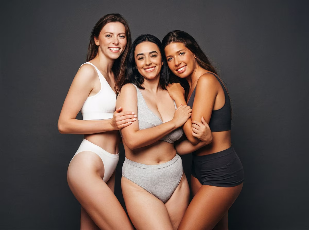Trois femmes souriantes en sous-vêtements blancs, gris et noirs, enlacées debout sur fond gris foncé