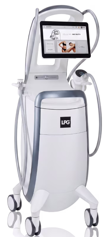 Appareil d'endermologie LPG blanc sur roulettes, avec écran tactile et têtes de soin, vu de face